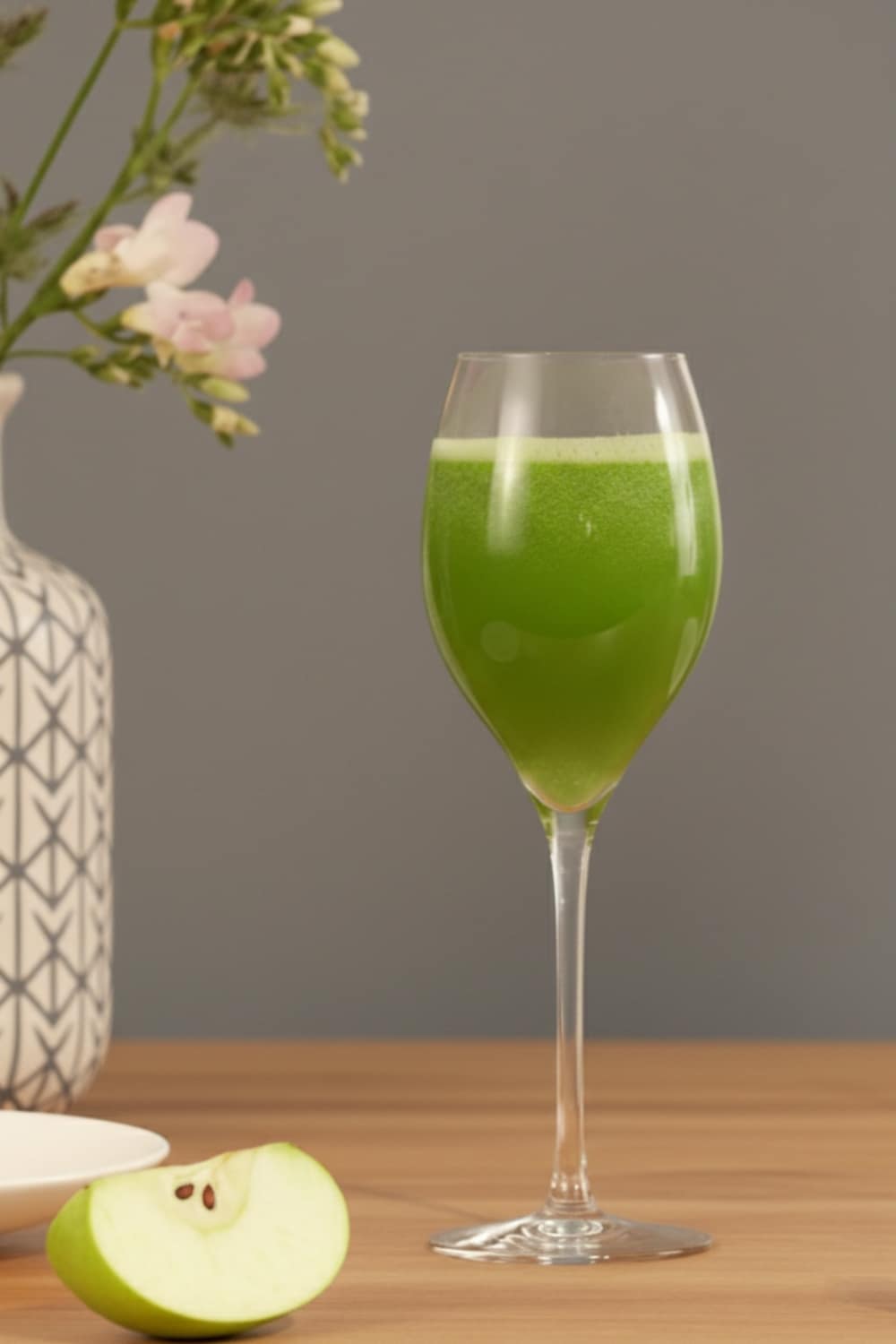Alkalizing green goddess juice with celery, cucumber, apple and fresh ginger - detoxifying anti-inflammatory drink for natural pH balance and cellular energy