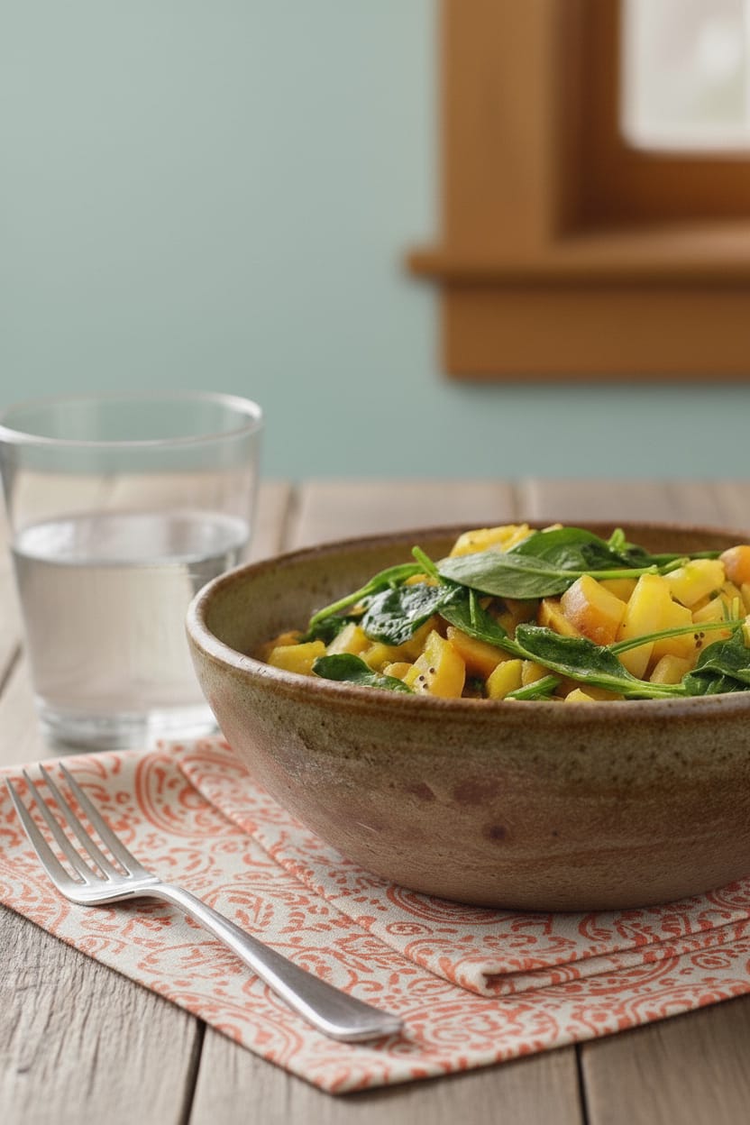 Golden turmeric potato spinach bowl with anti-inflammatory spices - healthy comfort food recipe for reducing chronic inflammation and healing pain naturally