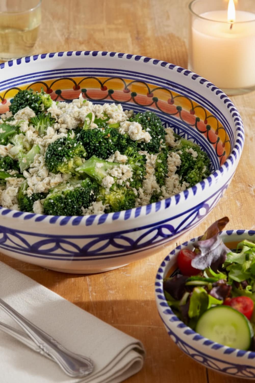 Korean-style anti-inflammatory broccoli and tofu bowl with sesame seeds, garlic, and green onions in serving dish
