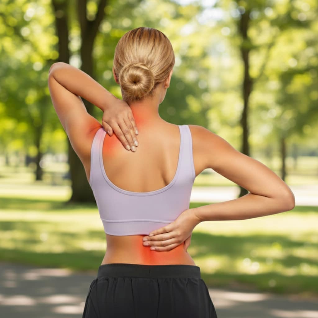 Woman experiencing chronic inflammation pain in neck and lower back areas, showing inflammation trigger points and symptoms addressed in anti-inflammatory diet and lifestyle guide