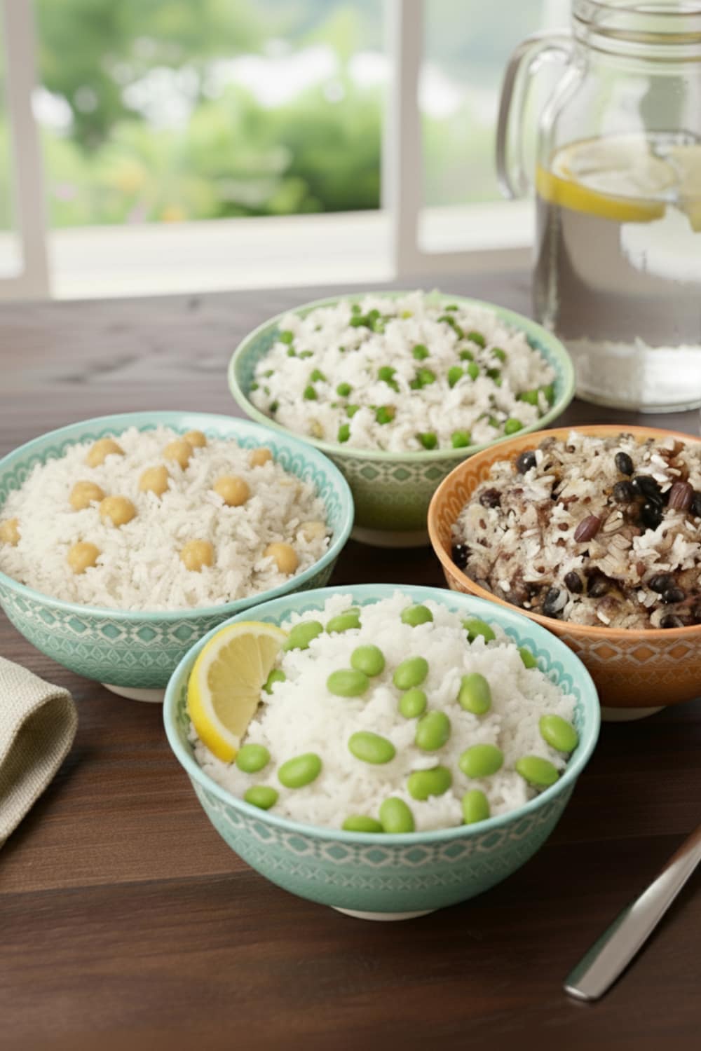 Four colorful bowls of healthy rice with edamame, chickpeas, black beans, and peas, alongside a glass of water and a pitcher of lemon water.